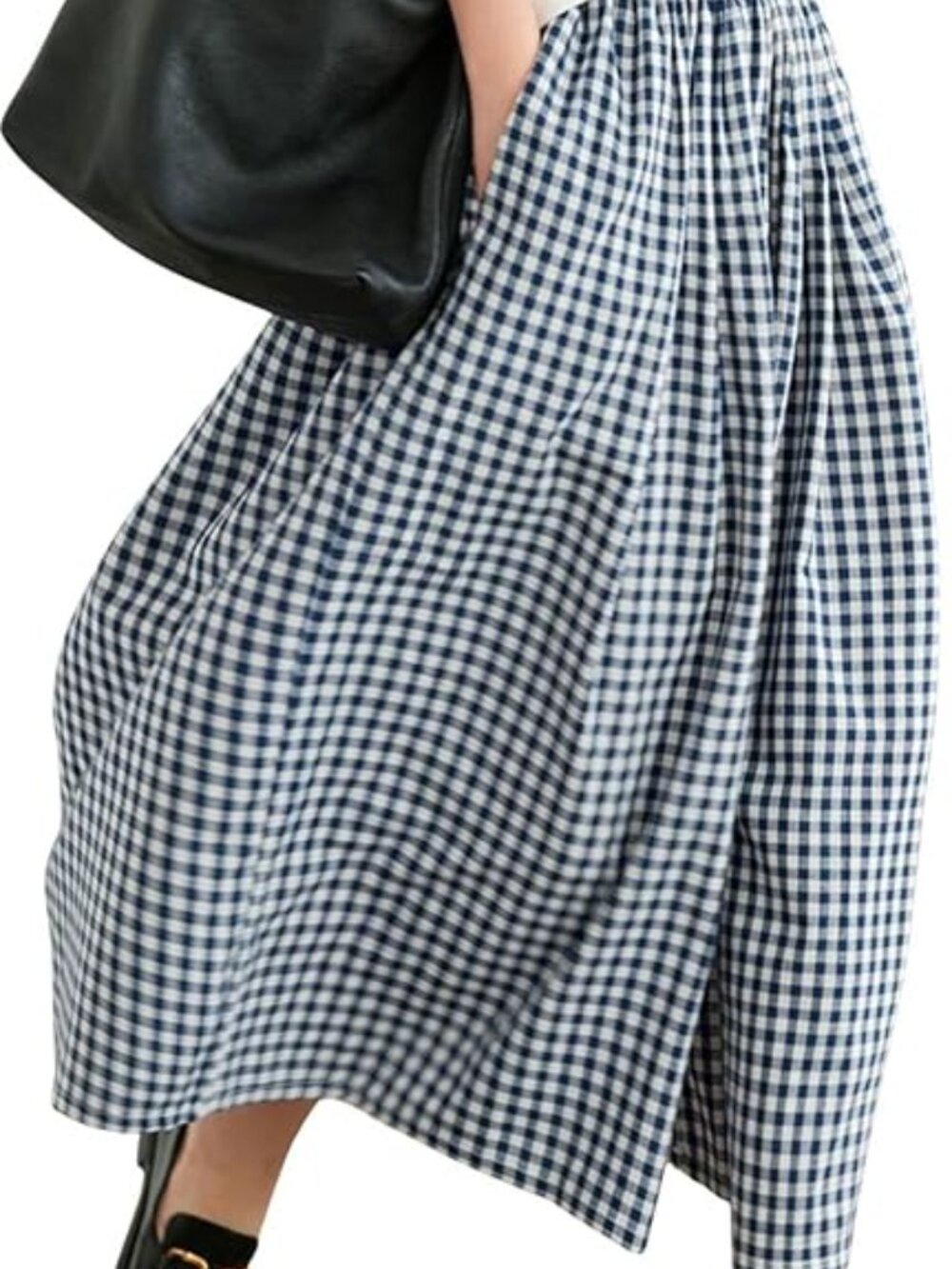 chouyatou Women's Cotton Linen Pants Elastic Waist Plaid Gingham Wide Leg Capri
